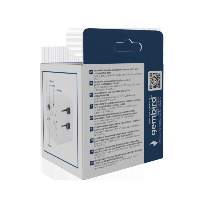 Gembird TPA-EU1A1C20-01-W Grounded universal travel power adapter, 20 W, white Gembird TPA-EU1A1C20-01-W Grounded universal travel power adapter, 20 W, white