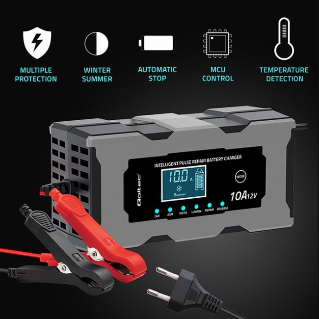 Qoltec 52493 Charger 12V 10A | Rectifier with repair function for AGM GEL LiFePO4 battery | LCD