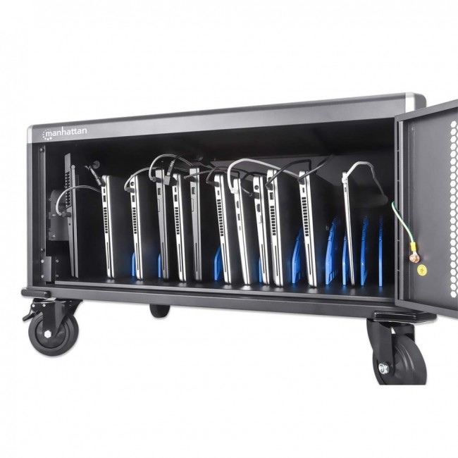 Manhattan Laptop Charging Cabinet Desktop via AC Adapter (EU) 20-bay, Install device's AC Adapter (power cables) into unit, Suitable for ALL laptops (to 16