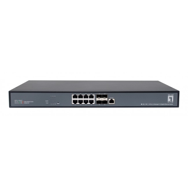 LevelOne 12-Port L3 Managed 10-Gigabit Switch, 8 x 1G/2.5G/5G/10G RJ45, 4 x 1G/2.5G/10G SFP+ Uplinks, 240Gbps Non-Blocking Fabric, 19-Inch Rackmount