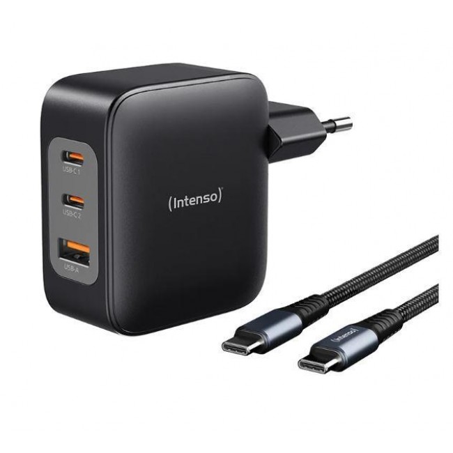 Intenso W100ACC+C520C, Power Adapter + Charging Cable Set, 100W, Fast Charging, GaN, Charge 3 Devices Simultaneously, Black