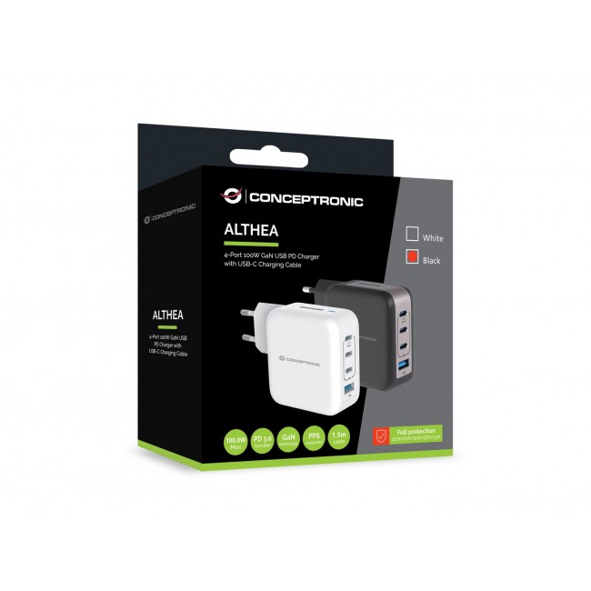 Conceptronic 4-Port 100W GaN USB PD Charger with USB-C Charging Cable, USB-C x 3, USB-A x 1, QC 3.0, PPS