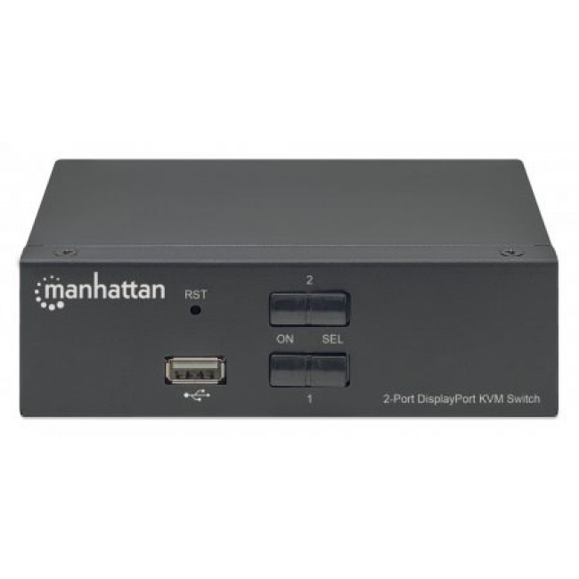 Manhattan DisplayPort 1.2 KVM Switch 2-Port, 4K@60Hz, USB-A/3.5mm Audio/Mic Connections, Cables included, Audio Support, Control 2x computers from one pc/mouse/screen, USB Powered, Black, Three Year Warranty