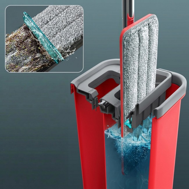 Flat Mop + Bucket + Telescopic Pole + 2 x Microfibre Pad 5.7L Floor Cleaning XXL Set Rotating Head