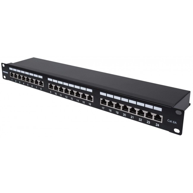 Intellinet Patch Panel, Cat6a, FTP, 24-Port, 1U, Shielded, 90 Top-Entry Punch Down Blocks, Black
