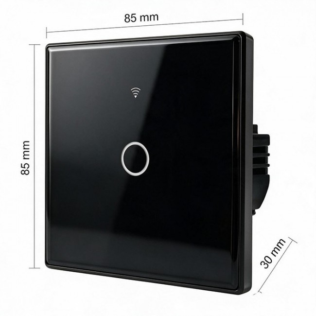 Qoltec 52711 Smart Touch 1-Gang Light Switch | Wi-Fi | Timer | Tuya | Smart Life | Tempered Glass | Black