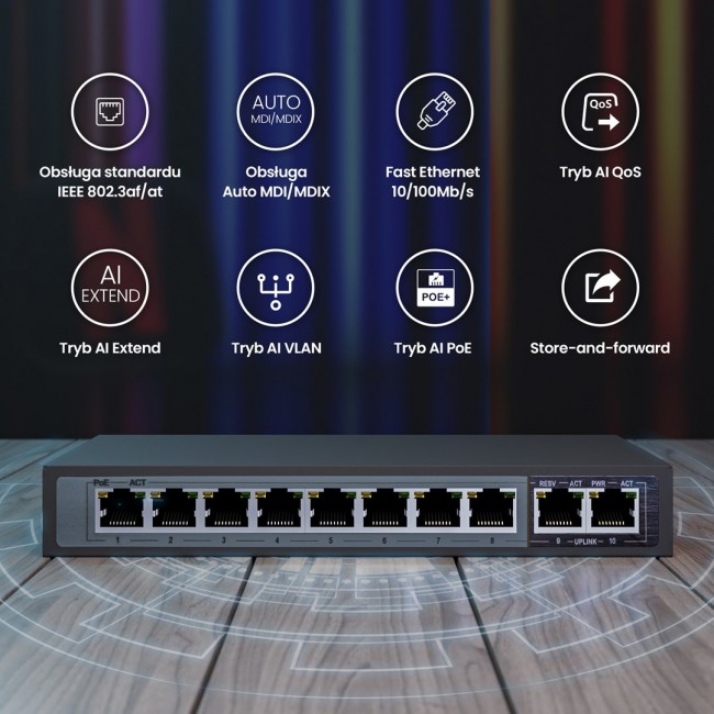 Extralink PoE Switch CERES 8x 100Mb/s PoE/PoE+, 2x RJ45 Uplink 100Mb/s, 96W