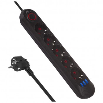 Maclean power strip, 5 socket extension cable + 3xUSB, 110-240V AC 50/60Hz, 2.1A max 2500W, 1.5m, black, MCE395 B