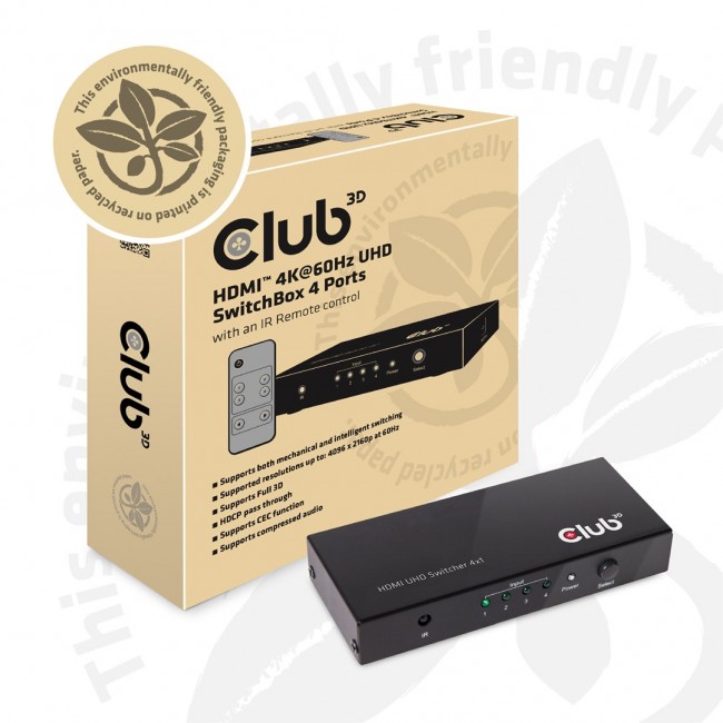 CLUB3D HDMI 2.0 UHD 4K60Hz SwitchBox 4 ports and included IR Remote control