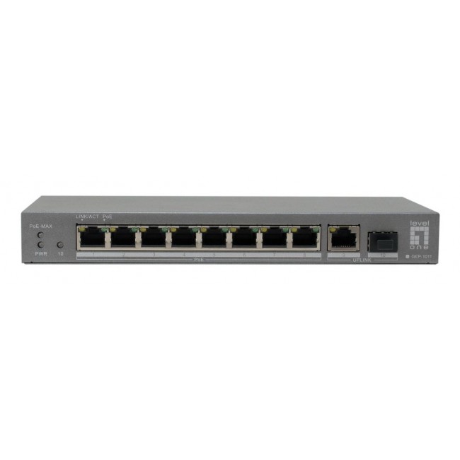 LevelOne 10-Port Gigabit PoE Switch, 802.3af/at PoE, 8 PoE Outputs, 120W Power Budget, 1 x Gigabit SFP, 1 x Gigabit RJ45 Uplink