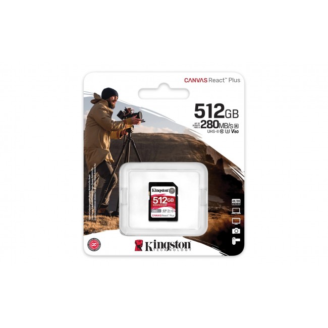Kingston Technology 512GB Canvas React Plus SDXC UHS-II 280R/150W U3 V60 for Full HD/4K Kingston Technology 512GB Canvas React Plus SDXC UHS-II 280R/150W U3 V60 for Full HD/4K