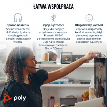 Wired Headset POLY Blackwire 3325 Stereo Microsoft Teams Certified USB-C Headset with 3.5mm Plug and USB-C/A Adapter