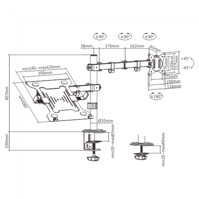 Gembird MA-DA-03 Adjustable desk mount with monitor arm and notebook tray (rotate, tilt, swivel), 17 -32 , up to 9 kg Gembird MA-DA-03 Adjustable desk mount with monitor arm and notebook tray (rotate, tilt, swivel), 17 -32 , up to 9 kg