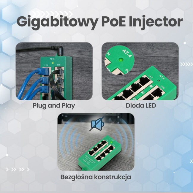 Extralink Gigabit PoE Injector 4 Portowy Active, 4 ports Gigabit 802.3at/af, Mode A