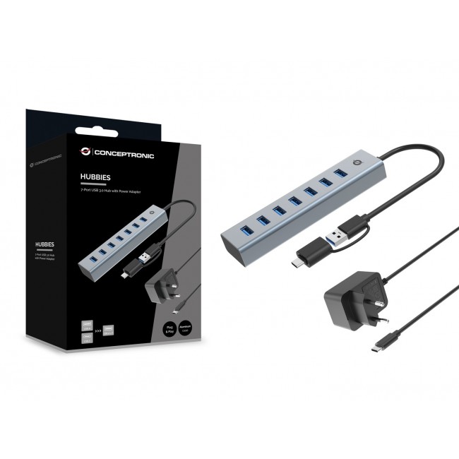 Conceptronic HUBBIES21GP 7-Port USB 3.0 Hub with Power Adapter, 5Gbps, USB-A x 7