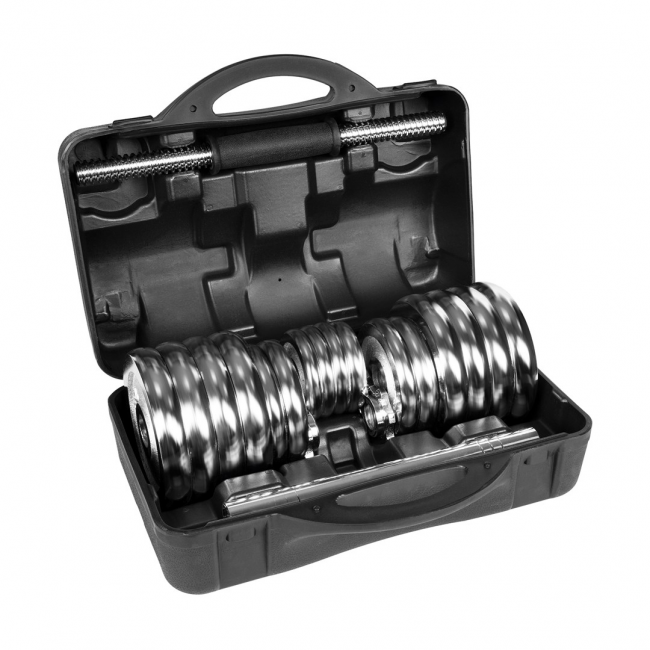 REBEL ACTIVE Chrome Adjustable Dumbbells in a Case 30 kg with Barbell