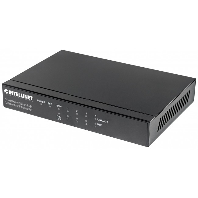 Intellinet 5-Port Gigabit Ethernet PoE+ Switch with SFP Combo Port, 4 x PSE Ports, IEEE 802.3at/af Power over Ethernet (PoE+/PoE) Compliant, 80 W, Desktop (Euro 2-pin plug) Intellinet 5-Port Gigabit Ethernet PoE+ Switch with SFP Combo Port, 4 x PSE Ports, IEEE 802.3at/af Power over Ethernet (PoE+/PoE) Compliant, 80 W, Desktop (Euro 2-pin plug)
