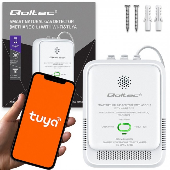 Qoltec 52651 Natural Gas Leak Sensor | CH4 detector | NG | Tuya | Wi-Fi | 85dB alarm | LED