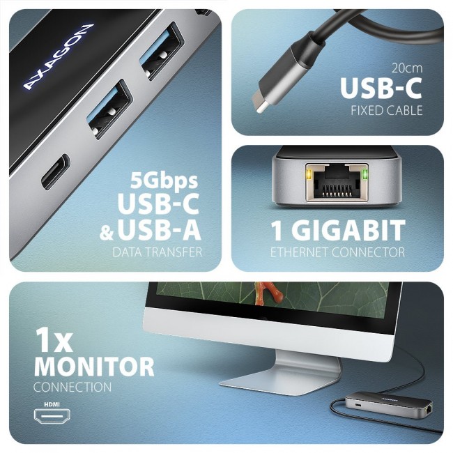 Axagon HMC-6GLN USB 5Gbps hub, 2x USB-A, USB-C, HDMI 4k/60Hz, RJ-45, PD 100W, USB-C cable