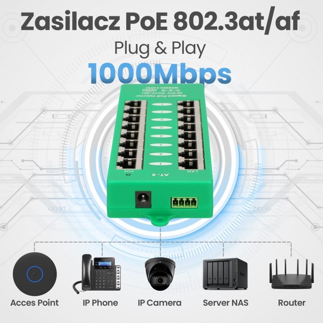 Extralink Gigabit PoE Injector 8 Port Active, 8 ports Gigabit 802.3at/af, Mode A Extralink Gigabit PoE Injector 8 Port Active, 8 ports Gigabit 802.3at/af, Mode A