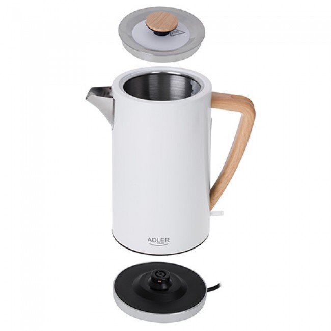 Adler AD 1347W electric kettle 1.5 L 2200 W White, Wood