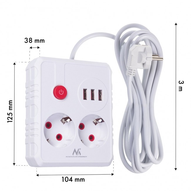 Maclean power strip, extender 2 sockets + 3xUSB, 110-240V AC 50/60Hz, 2.1A max 2500W, 3 m, white, MCE388 W Maclean power strip, extender 2 sockets + 3xUSB, 110-240V AC 50/60Hz, 2.1A max 2500W, 3 m, white, MCE388 W