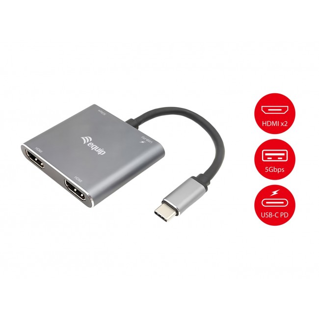 Equip USB-C 4-in-1 Dual HDMI Adapter, USB-C Hub with Dual HDMI USB 3.2 Gen 1 and 100W USB PD, USB-C MST Adapter for Dual Monitors