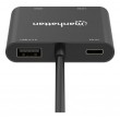 Manhattan USB-C to Dual HDMI and USB-A Adapter, Dual 4K@30Hz or Single 4K@60Hz, USB 2.0 USB-A Port (480 Mbps), Up to 100W USB-C Power Delivery Pass-Through, 15cm Cable, Black, Three Year Warranty