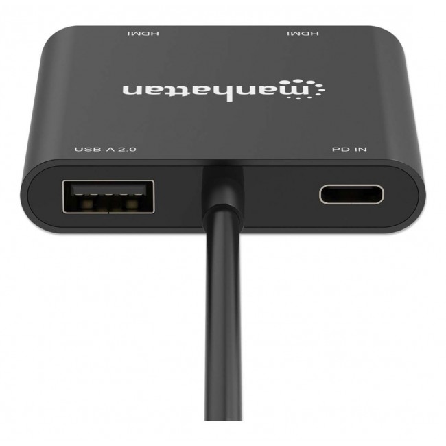 Manhattan USB-C to Dual HDMI and USB-A Adapter, Dual 4K@30Hz or Single 4K@60Hz, USB 2.0 USB-A Port (480 Mbps), Up to 100W USB-C Power Delivery Pass-Through, 15cm Cable, Black, Three Year Warranty