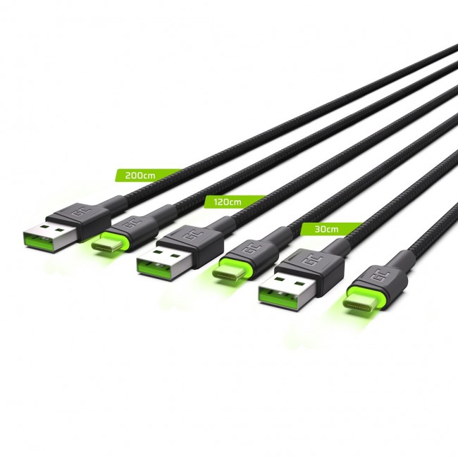 Green Cell Set 3x GC Ray USB-C Cable 30cm, 120cm, 200cm with green LED backlight, fast charging UC, QC 3.0