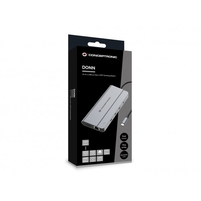 Conceptronic DONN34G 10-in-1 USB 3.2 Gen 2 MST Docking Station, 4K60Hz HDMI, 8K30Hz DisplayPort, GbE, USB-C 10Gbps x 3, USB-A 480Mbps x 2, Audio, 100W USB PD
