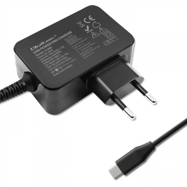 Qoltec 52386 GaN POWER PRO charger | 1xUSB-C | 65W | 5-20V | 3-3.25A | Black Qoltec 52386 GaN POWER PRO charger | 1xUSB-C | 65W | 5-20V | 3-3.25A | Black