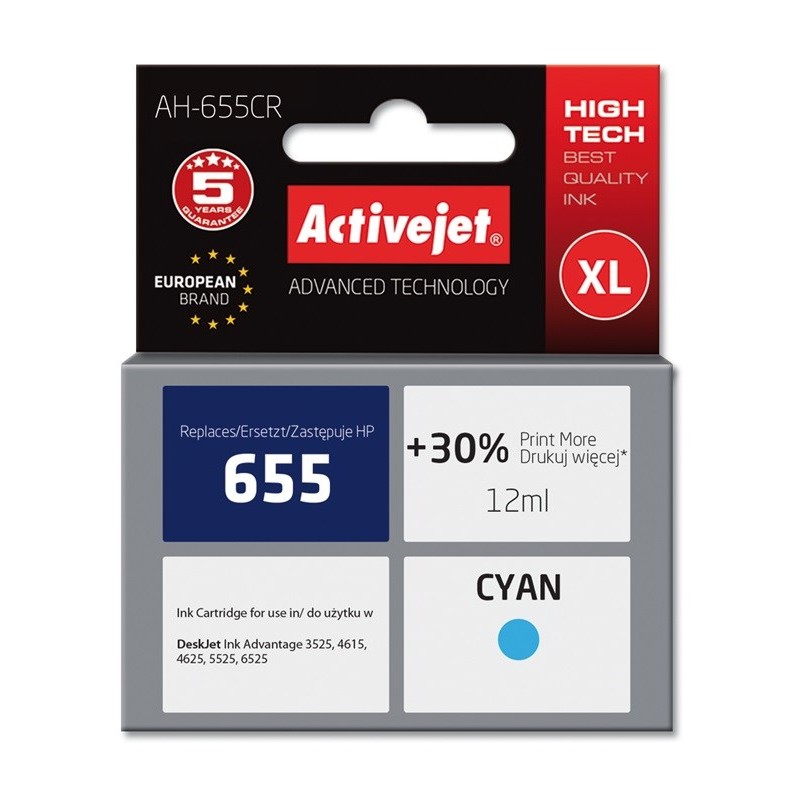 Activejet AH-655CR Ink (replacement for HP 655 CZ110AE Premium 12 ml cyan)