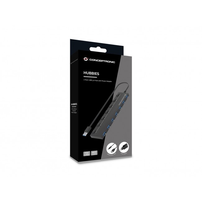 Conceptronic HUBBIES19BP 7-Port USB 3.0 HUB with Power Adapter, 90cm Cable, Individual Power Switch, USB 3.2 Gen 1