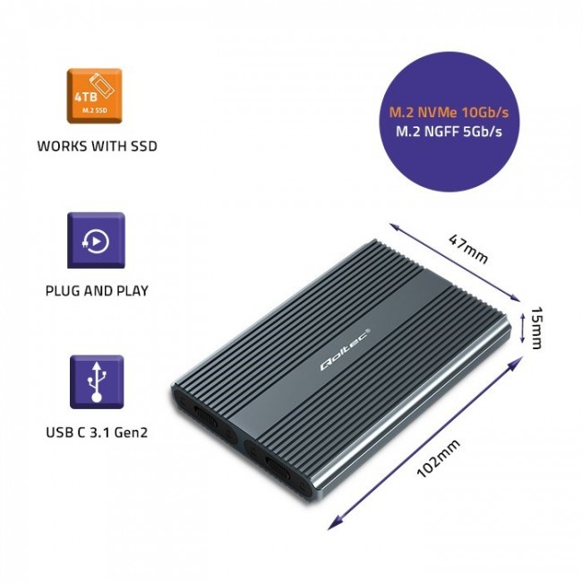 Qoltec Enclosure | M.2 SSD tray | SATA | NVMe | USB-C | DUAL 2 x 2TB