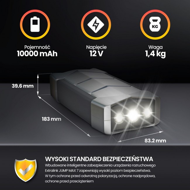 Extralink Jump Max7 Jump Starter 10000mAh | Starter power bank for starting the car | 3x LED, Flashlight, Compass, Hammer Extralink Jump Max7 Jump Starter 10000mAh | Starter power bank for starting the car | 3x LED, Flashlight, Compass, Hammer