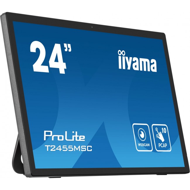 iiyama 24 multi-touch monitor with edge-to-edge glass, anti fingerprint coating , integrated webcam and a flexible stand