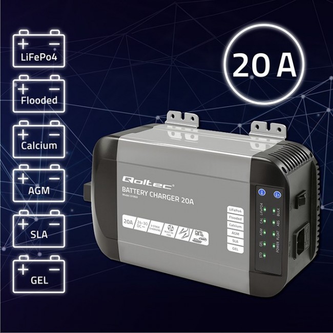 Qoltec Smart Monolith Battery Charger for LiFePO4 AGM GEL SLA batteries | 20A | 24V