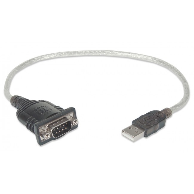 Manhattan USB-A to Serial Converter cable, 45cm, Male to Male, Serial/RS232/COM/DB9, Prolific PL-2303RA Chip, Equivalent to ICUSB232V2, Black/Silver cable, Three Year Warranty, Blister