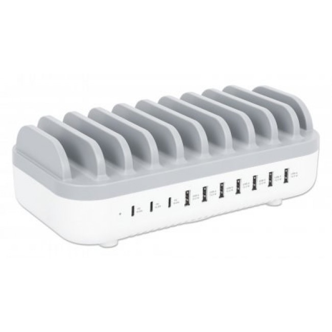 Manhattan Charging Station, 10x Ports: 3x USB-C (up to 18W PD) and 7x USB-A (up to 12W), 120W Total Output, White/Grey, Three Year Warranty