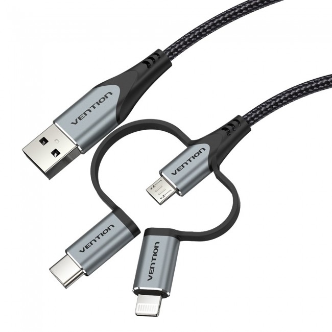 Vention USB 2.0 A Male to 3-in-1 Micro-B&USB-C&Lightning Male Cable 1M Gray Aluminum Alloy Type Vention USB 2.0 A Male to 3-in-1 Micro-B&USB-C&Lightning Male Cable 1M Gray Aluminum Alloy Type