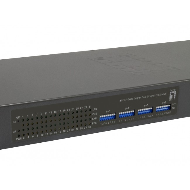 LevelOne 34-Port Fast Ethernet PoE Switch, 802.3at/af PoE, 32 PoE Outputs, 2 x Gigabit RJ45, 250W