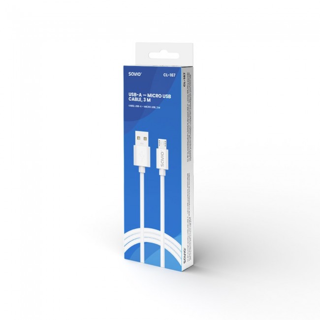 USB cable 3 m USB 2.0, USB A - Micro USB White SAVIO CL-167