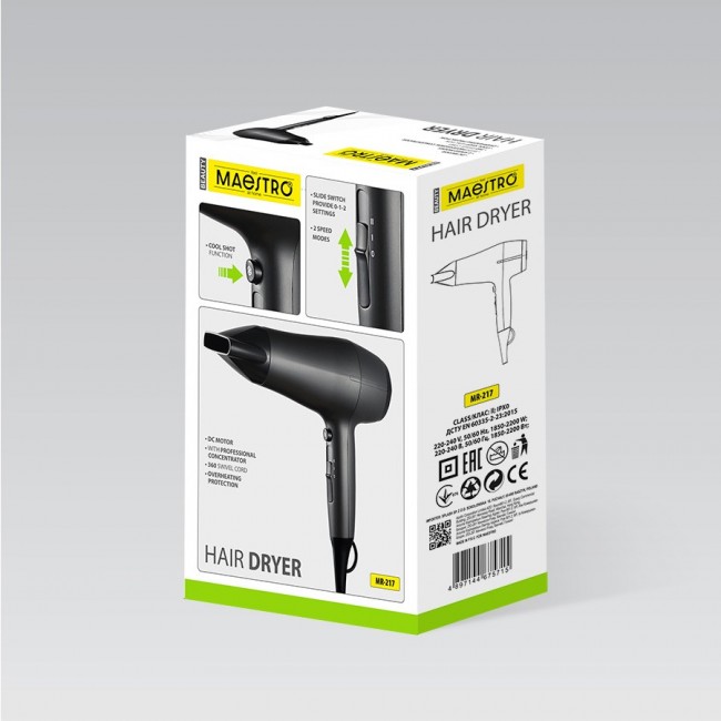 Hair dryer MAESTRO MR-217 2200 W Black, Graphite