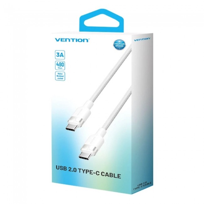 Vention USB-C to C cable, braided, 3A, 480Mbps, 60W, 2m, WH