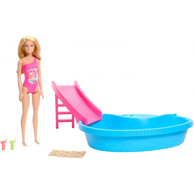 Barbie Doll and Pool Playset, Blonde with Pool, Slide, Towel and Drink Accessories Barbie Doll and Pool Playset, Blonde with Pool, Slide, Towel and Drink Accessories