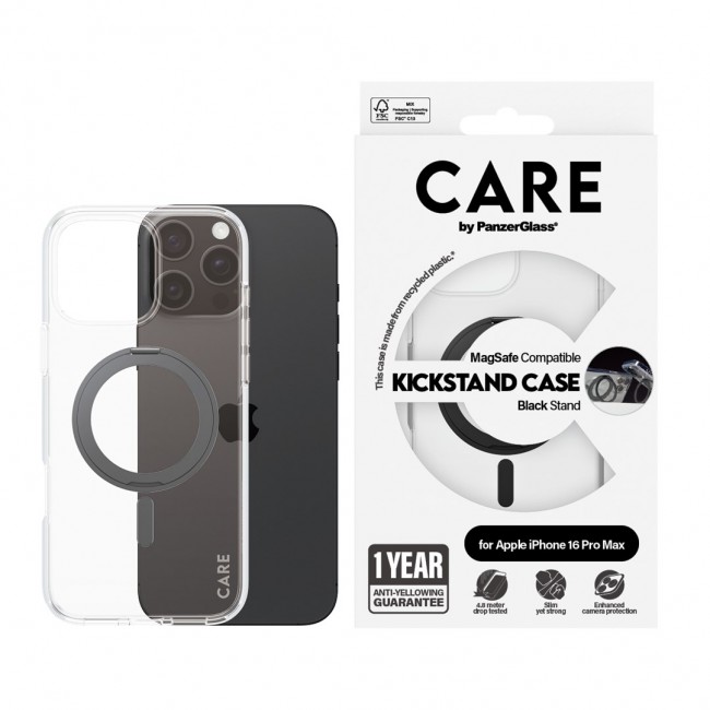 PanzerGlass CARE by Case Transparent w. Black Kickstand & MagSafe iPhone 16 Pro Max