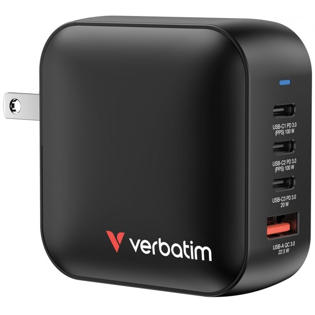 Verbatim Mini GaN Charger 100W 4 Port US plug with EU and UK adaptors