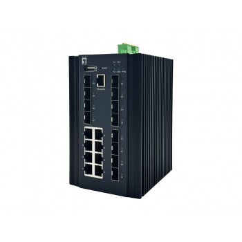 LevelOne 20-Port L2 Plus Managed Industrial Switch, 8 x 1GbE RJ45, 8 x 1GbE SFP, 4 x 1/2.5/10GbE SFP+, DIN-Rail, -40 C to 80 C