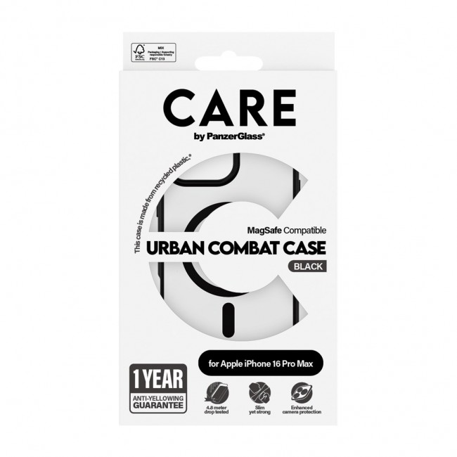PanzerGlass CARE by Urban Combat Case Transparent w. Black Frame & MagSafe iPhone 16 Pro Max